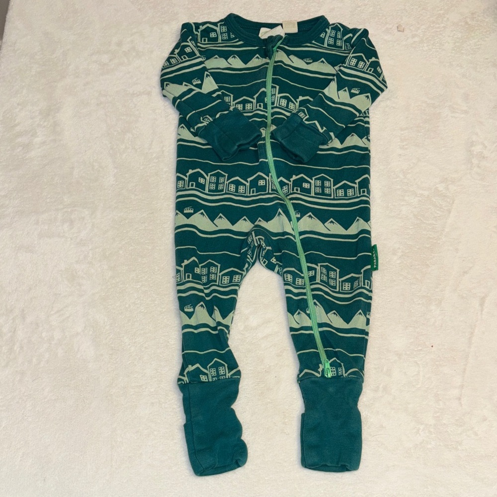 Parade Teal Mountain & Village Print Zip-Front Kids One-Piece footie sleeper pjs